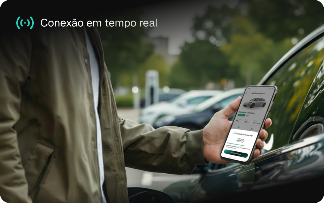 Pessoa junto a um carro a consultar a app miio no telemóvel