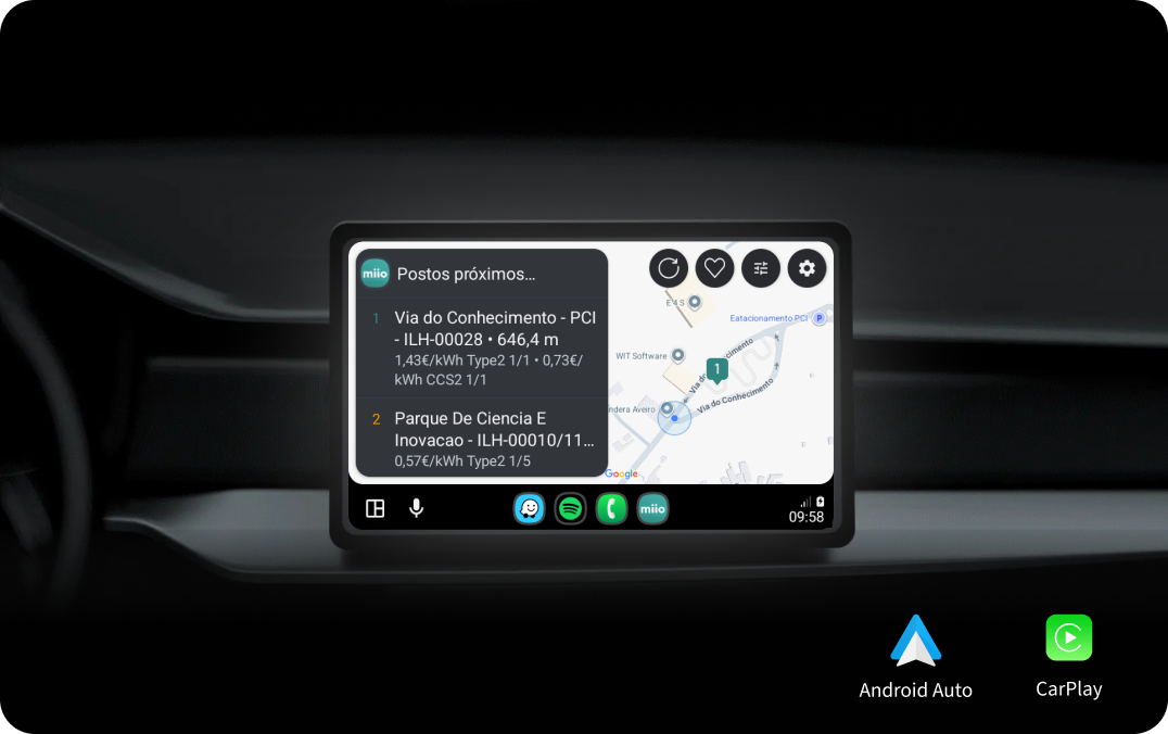 Ecrã de carro com a app miio em CarPlay e Android Auto