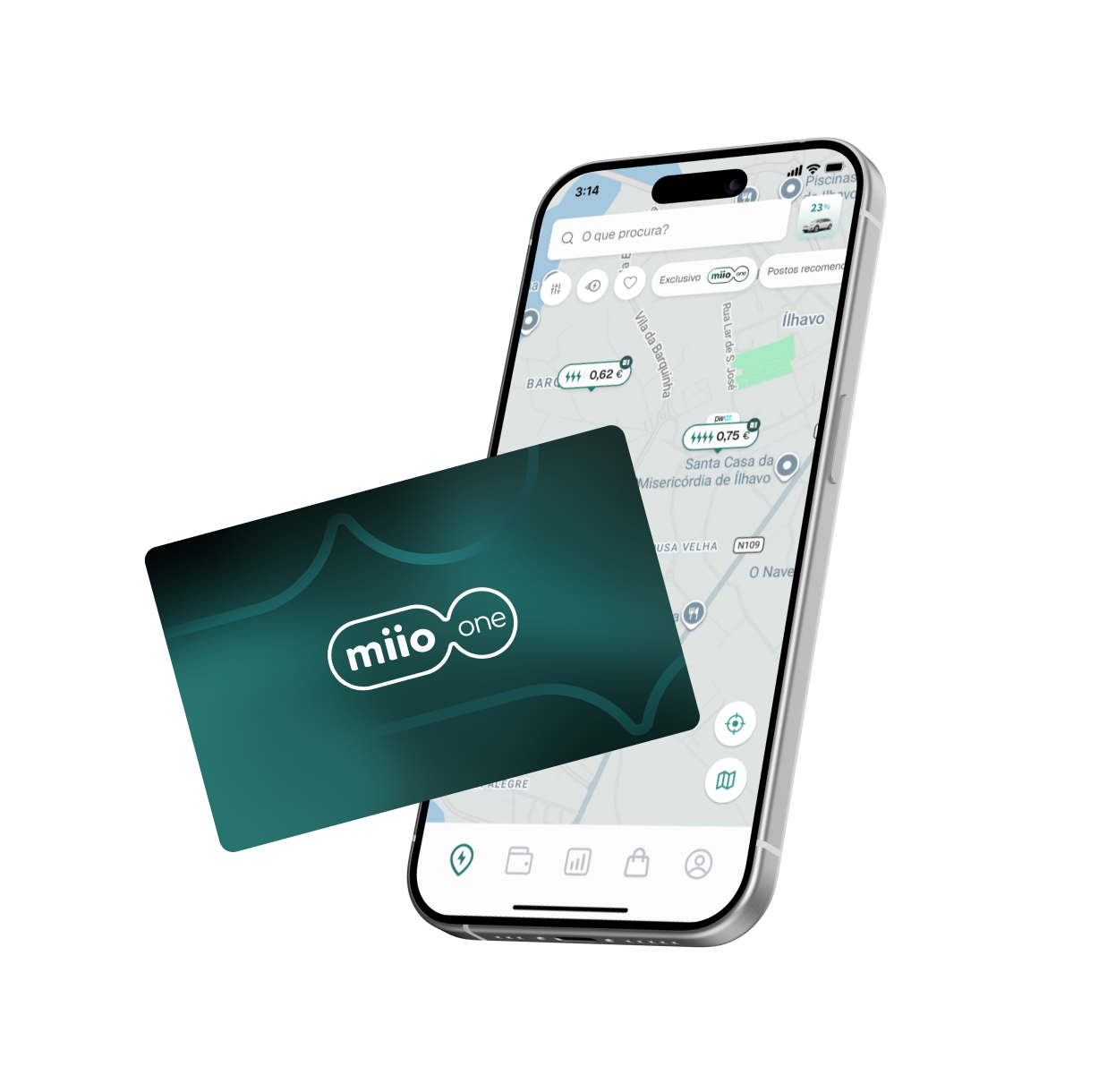 Telemóvel com mapa da app miio e cartão miio one