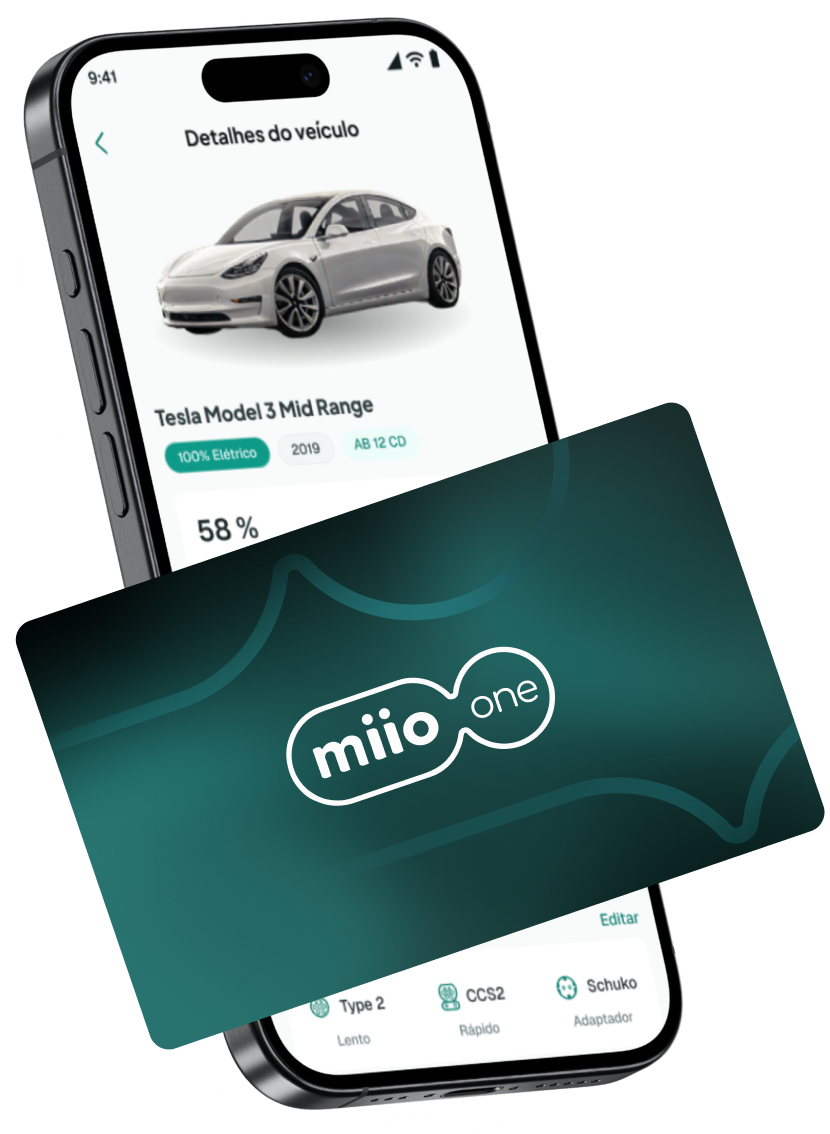 Telemóvel com detalhes do veículo e cartão miio one